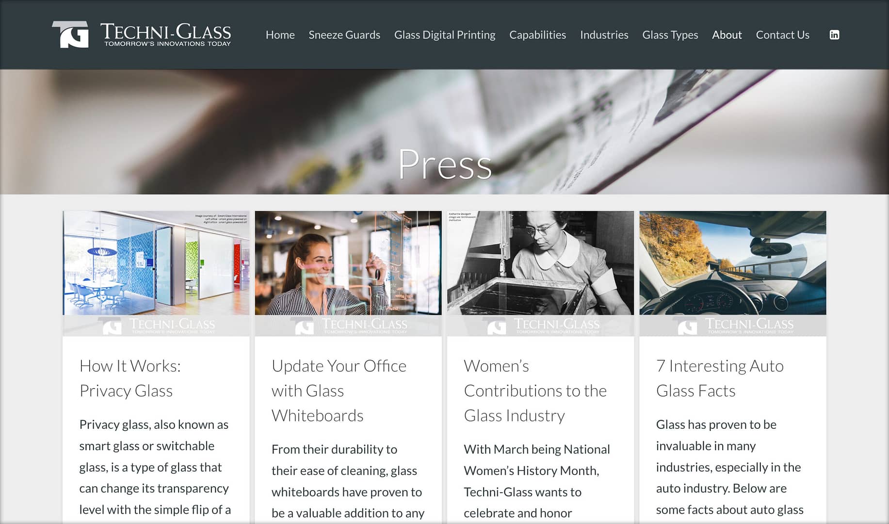 Screen shot of Techni-Glass blog page
